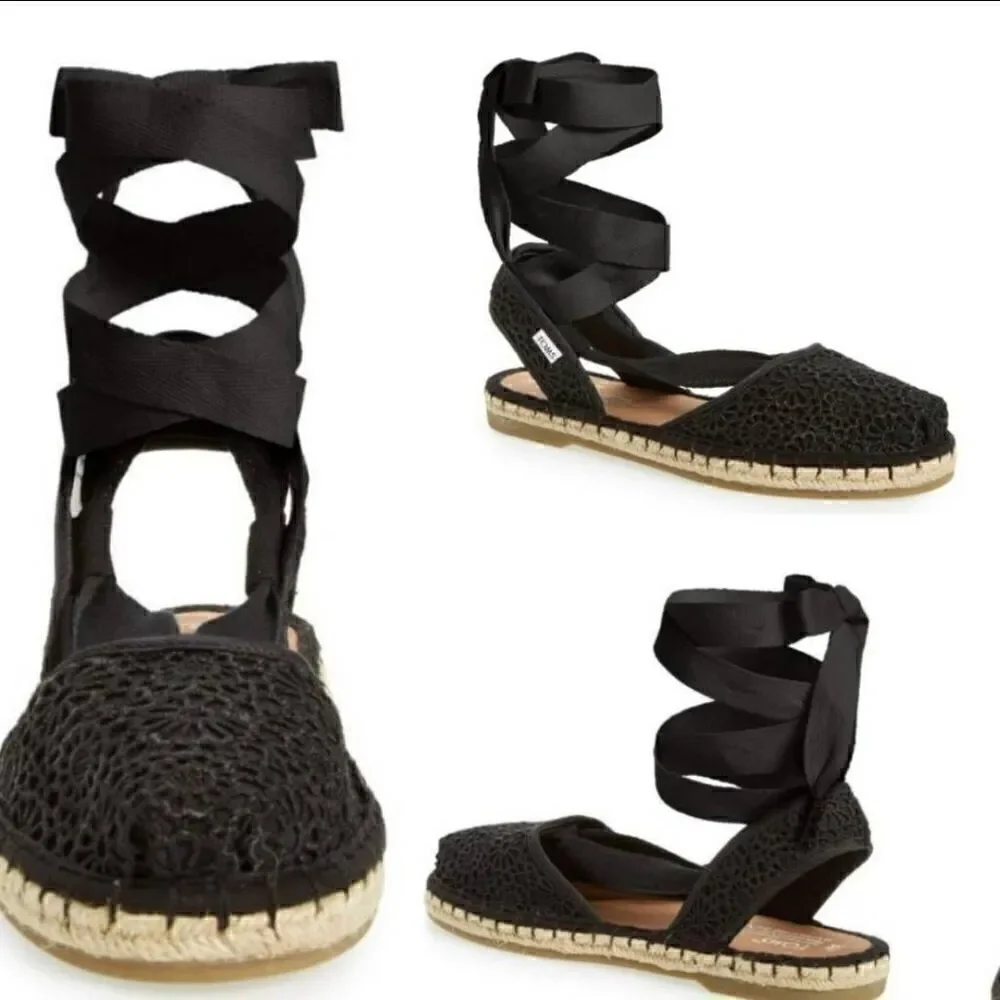 TOMS Black Lace Espadrille Ankle-Tie Sandals